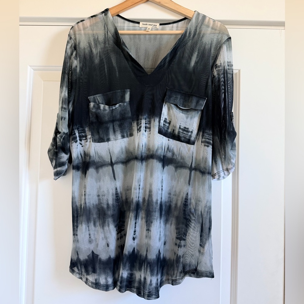 Faith and Joy Black and White Tie-Dye Mesh Top